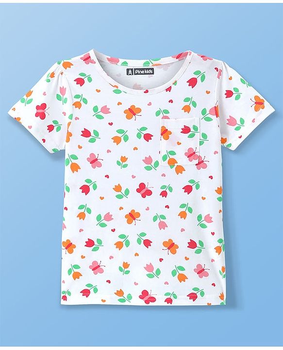 Pine Kids Cotton Knit Half Sleeves Night Suit With Floral Print - Off White