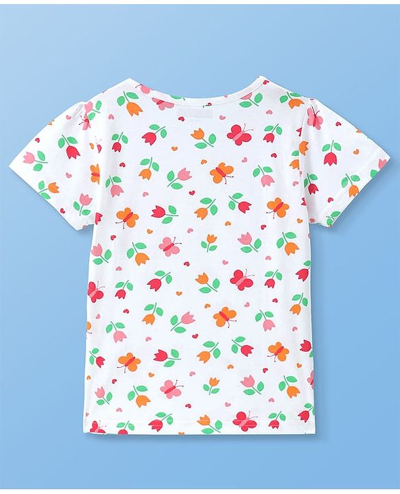 Pine Kids Cotton Knit Half Sleeves Night Suit With Floral Print - Off White