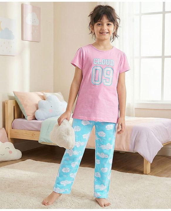 Pine Kids Cotton Knit Half Sleeves Night Suit With Text Print - Light Pink & Blue