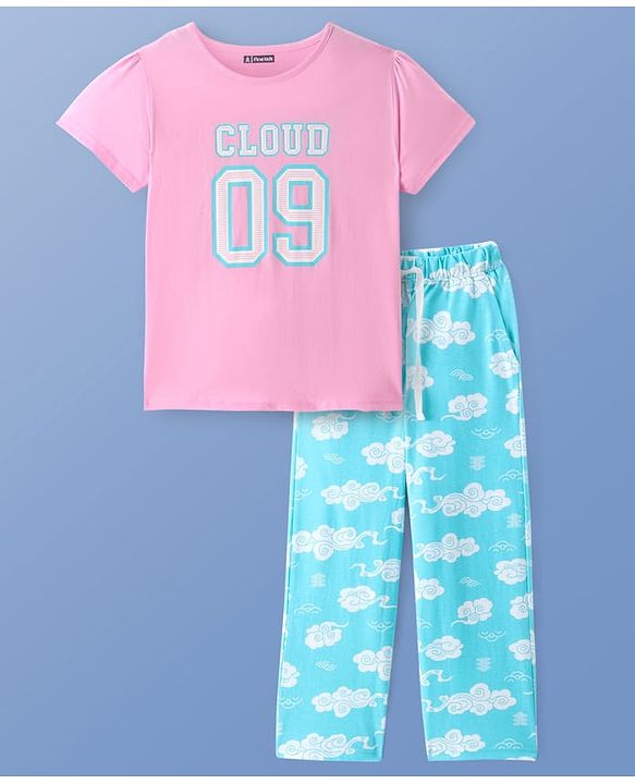 Pine Kids Cotton Knit Half Sleeves Night Suit With Text Print - Light Pink & Blue