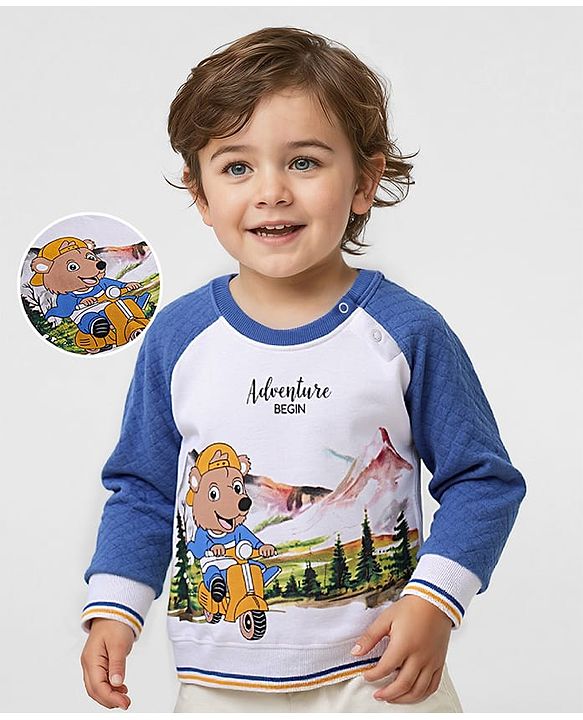 Babyhug Cotton Knit Full Raglan Sleeves Sweatshirts With Quilted Design & Bear Print - Blue