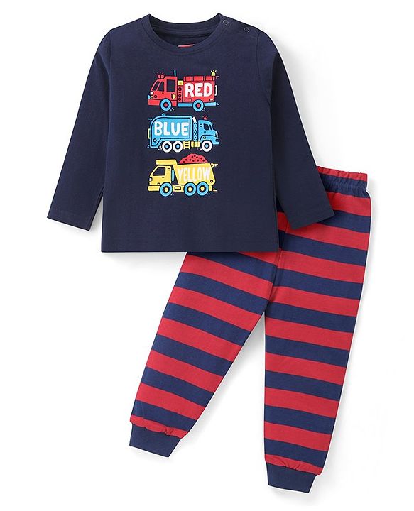 Babyhug Cotton Knit Full Sleeves Night Suit With Stripes & Trucks Print - Navy