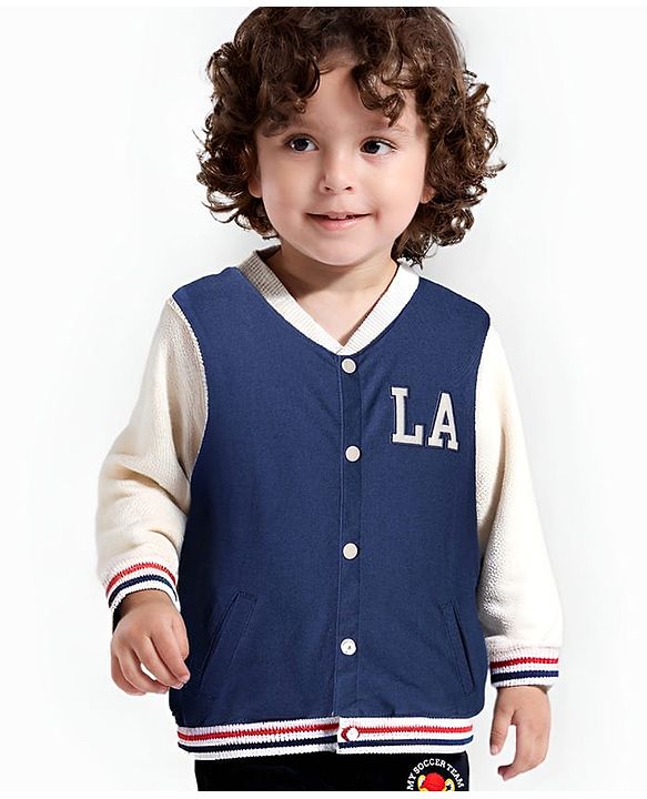 Babyhug Cotton Knit Full Sleeves Bomber Jacket With Text Print - Navy Blue