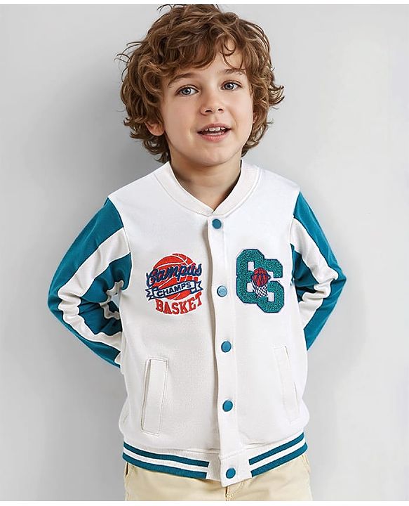 Babyhug Cotton Knit Full Sleeves  Bomber Jacket with Text Embroidery - White & Teal Blue