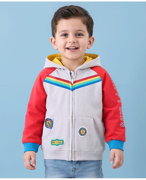 Babyhug Cotton Knit Full Raglan Sleeves Hooded Sweatjacket With Patch Appliques & Kangaroo Pockets - Grey