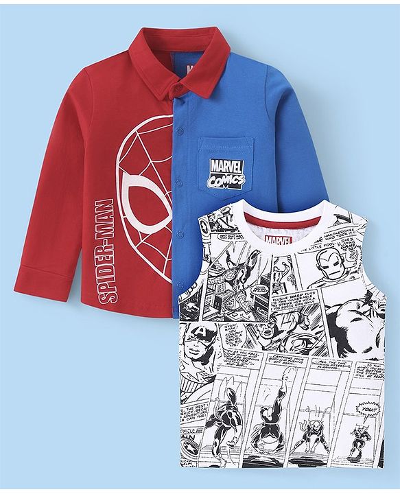 Babyhug Marvel Single Jersey Cotton Knit Full Sleeves Spider-man Graphics and Pocket Detailing Shirt With T-shirt - Red