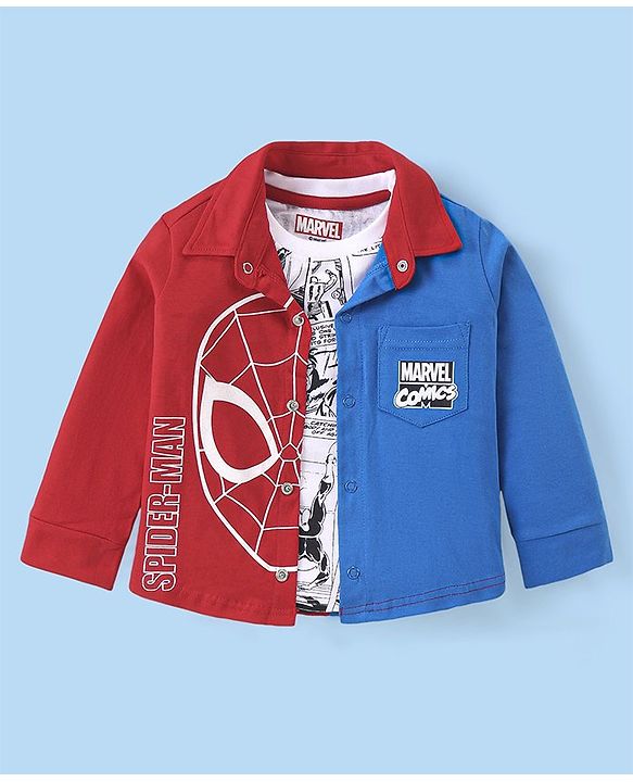 Babyhug Marvel Single Jersey Cotton Knit Full Sleeves Spider-man Graphics and Pocket Detailing Shirt With T-shirt - Red
