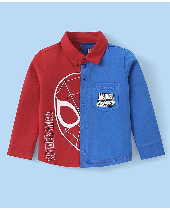 Babyhug Marvel Single Jersey Cotton Knit Full Sleeves Spider-man Graphics and Pocket Detailing Shirt With T-shirt - Red