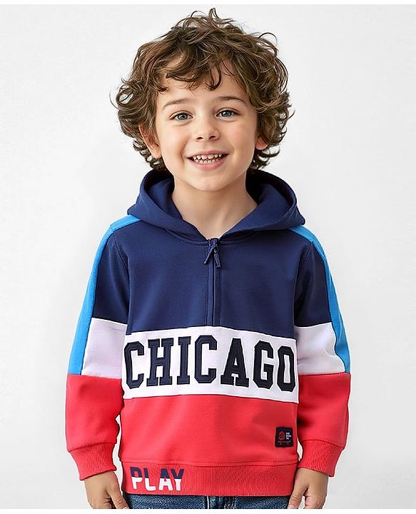 Babyhug Cotton Knit Full Sleeves Text  Printed Colour Block Hooded Sweatshirt - Navy Blue White & Orange