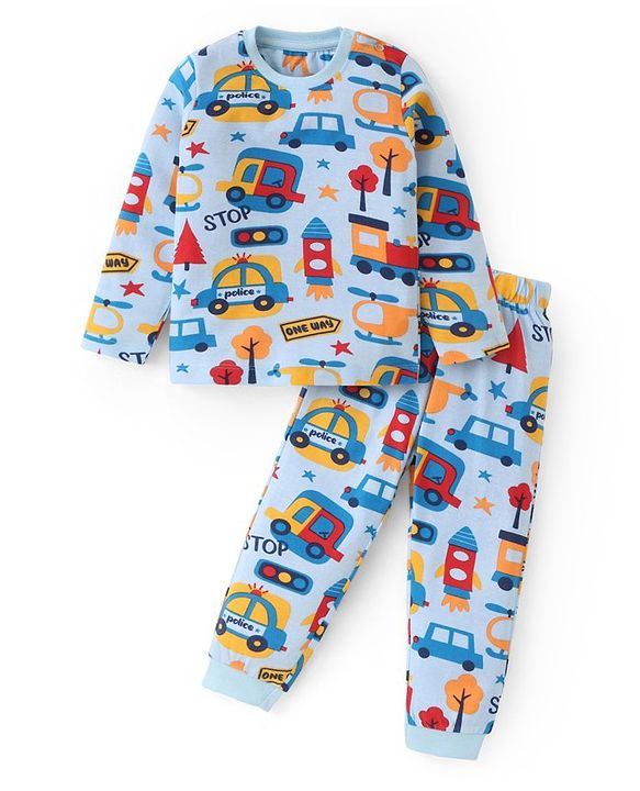 Babyhug Cotton Knit Full Sleeves Night Suit With Cars Print - Blue