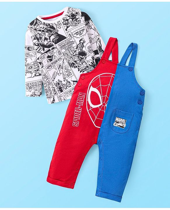 Babyhug Marvel Cotton Knit Full Sleeves Spider Man Graphic T-Shirt & Full Length Cut & Sew Dungaree Set - Red & Navy Blue