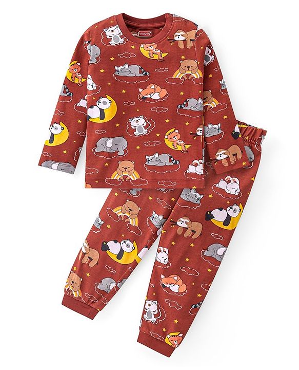 Babyhug Cotton Knit Full Sleeves Night Suit with Animal Print - Maroon