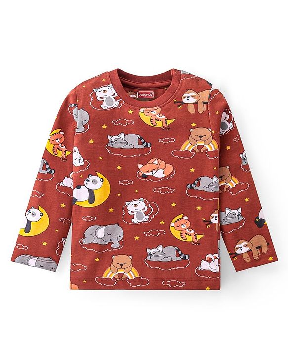 Babyhug Cotton Knit Full Sleeves Night Suit with Animal Print - Maroon