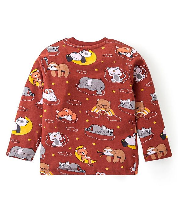 Babyhug Cotton Knit Full Sleeves Night Suit with Animal Print - Maroon