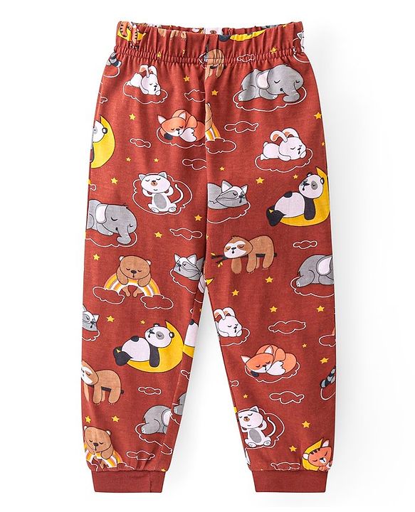 Babyhug Cotton Knit Full Sleeves Night Suit with Animal Print - Maroon