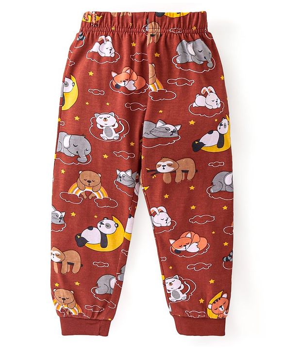 Babyhug Cotton Knit Full Sleeves Night Suit with Animal Print - Maroon