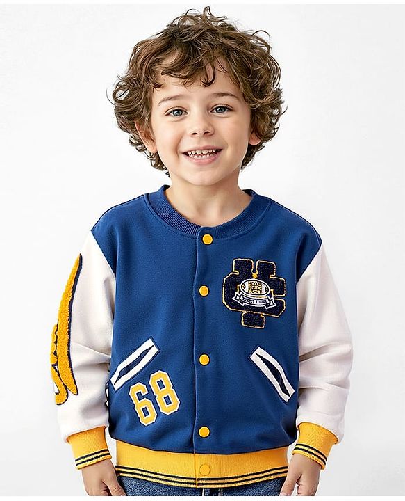 Babyhug Cotton Knit Full Sleeves Front Open Bomber Jacket with Patch Detailing - Blue