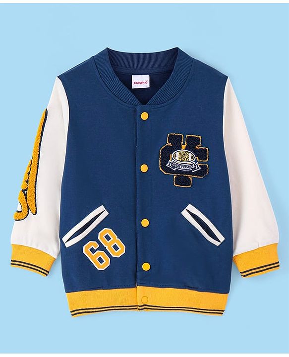 Babyhug Cotton Knit Full Sleeves Front Open Bomber Jacket with Patch Detailing - Blue