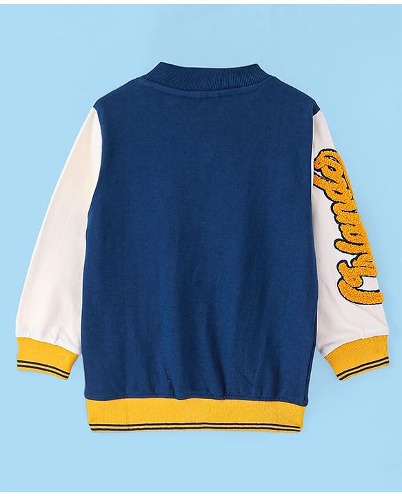 Babyhug Cotton Knit Full Sleeves Front Open Bomber Jacket with Patch Detailing - Blue