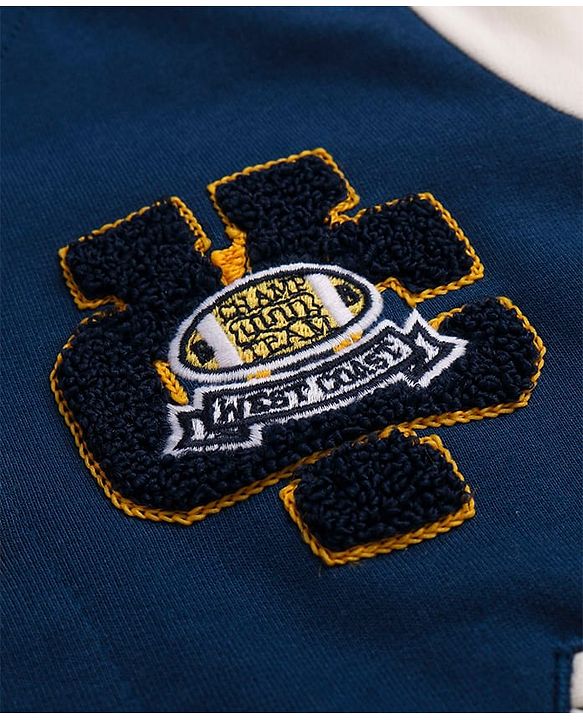 Babyhug Cotton Knit Full Sleeves Front Open Bomber Jacket with Patch Detailing - Blue