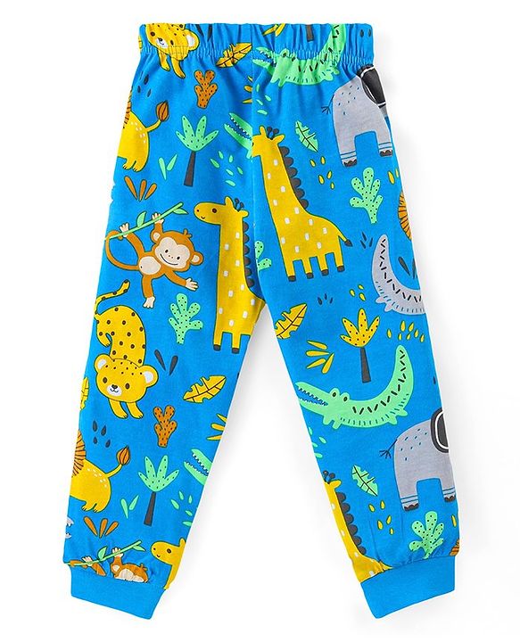 Babyhug Cotton Knit Full Sleeves Night Suit with Animal Print - Blue