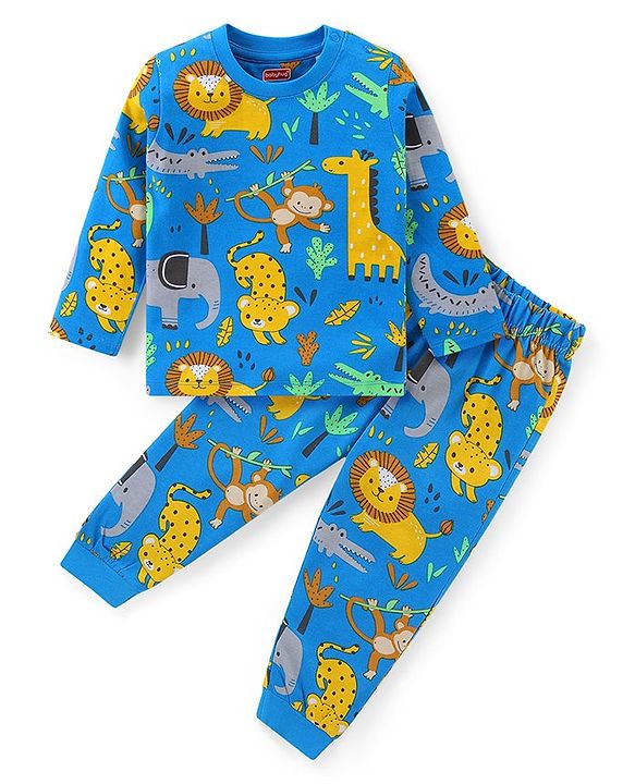 Babyhug Cotton Knit Full Sleeves Night Suit with Animal Print - Blue
