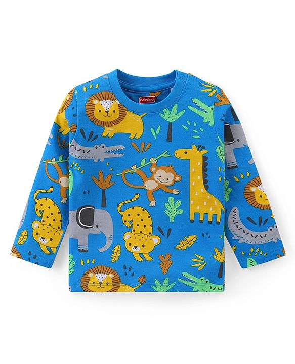 Babyhug Cotton Knit Full Sleeves Night Suit with Animal Print - Blue