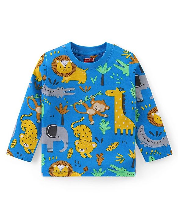 Babyhug Cotton Knit Full Sleeves Night Suit with Animal Print - Blue