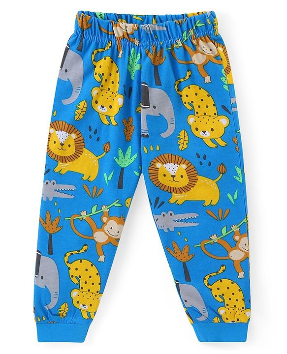 Babyhug Cotton Knit Full Sleeves Night Suit with Animal Print - Blue
