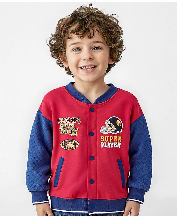 Babyhug Woven Full Sleeves Hooded Jacket - Red & Blue