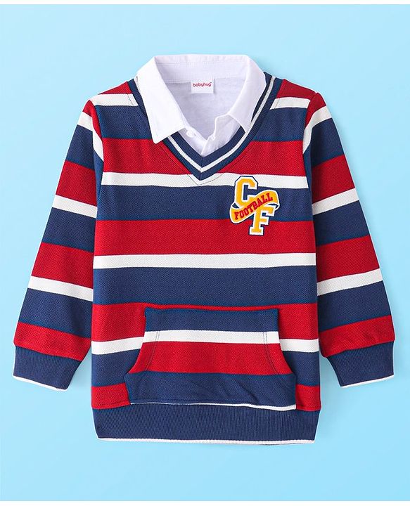 Babyhug Cotton Knit Full Sleeves Overlapped Striped T-Shirt With Embroidery Detailing & Kangaroo Pockets - Red