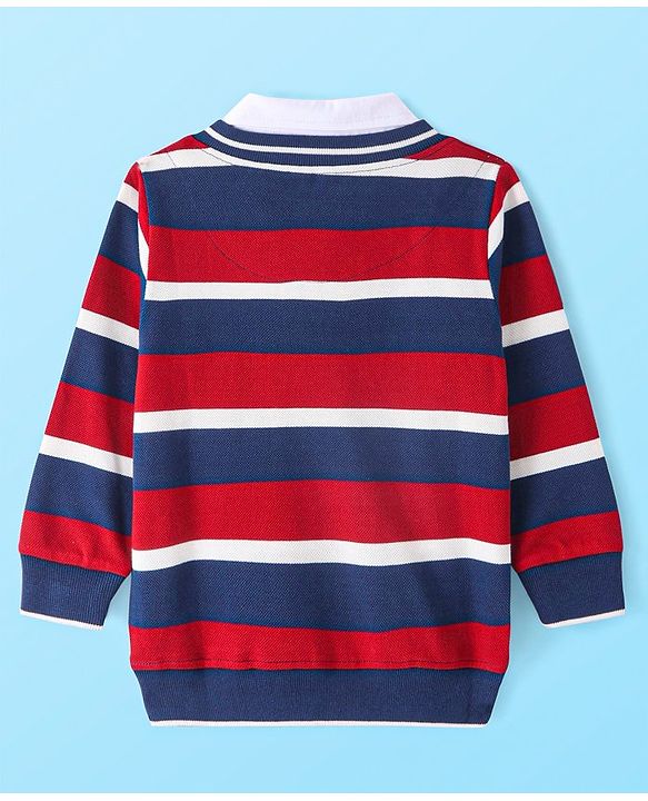 Babyhug Cotton Knit Full Sleeves Overlapped Striped T-Shirt With Embroidery Detailing & Kangaroo Pockets - Red