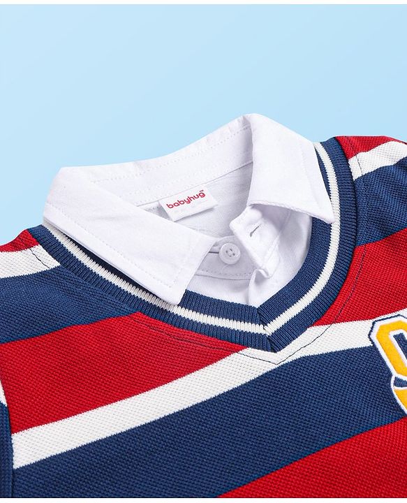 Babyhug Cotton Knit Full Sleeves Overlapped Striped T-Shirt With Embroidery Detailing & Kangaroo Pockets - Red