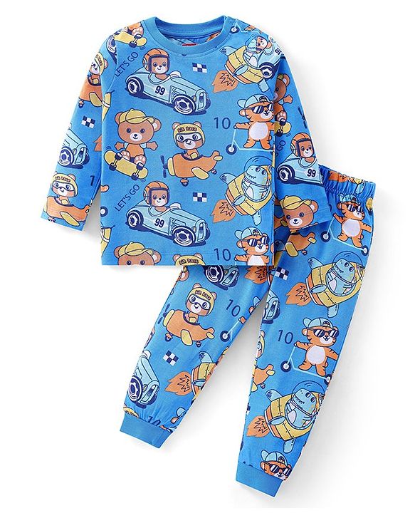 Babyhug Cotton Knit Full Sleeves Night Suit With Animals & Vehicles Print - Blue
