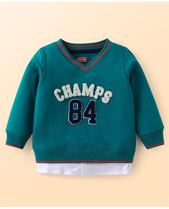 Babyhug Cotton Knit Full Sleeves Overlapped T-Shirt With Text Embroidery - Teal Blue