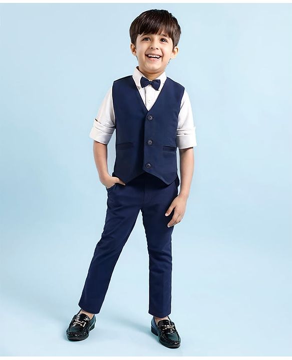 Babyhug Woven Full Sleeves Solid 3 Pieces Party Suit - White & Navy Blue