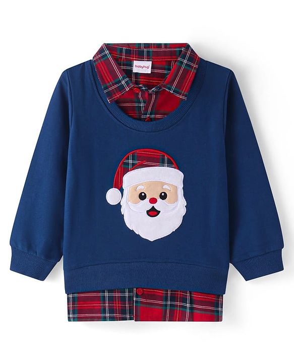 Babyhug Cotton Knit Full Sleeves Overlapped T-Shirt With Santa Applique Detailing - Navy Blue