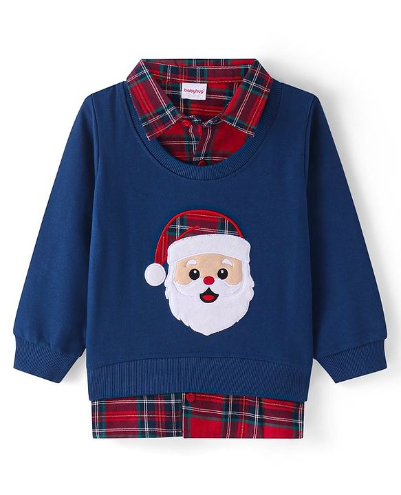 Babyhug Cotton Knit Full Sleeves Overlapped T-Shirt With Santa Applique Detailing - Navy Blue