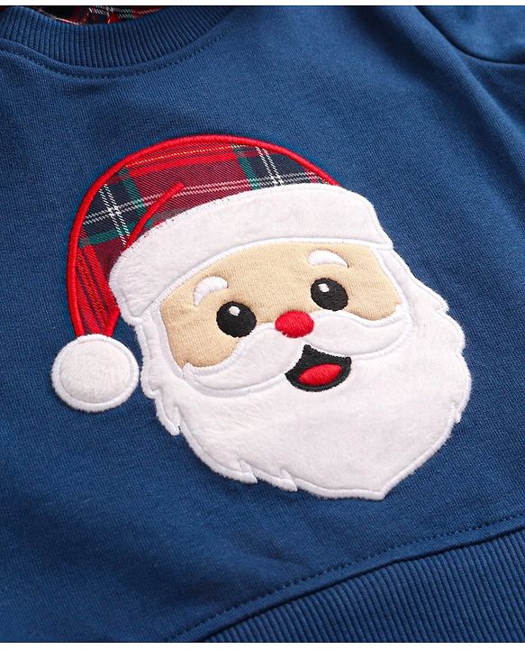 Babyhug Cotton Knit Full Sleeves Overlapped T-Shirt With Santa Applique Detailing - Navy Blue