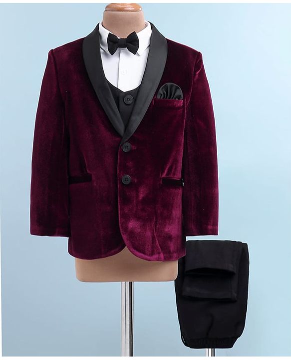Babyhug Velvet Woven Full Sleeves 4 Piece Solid Colour Party Suit - Wine