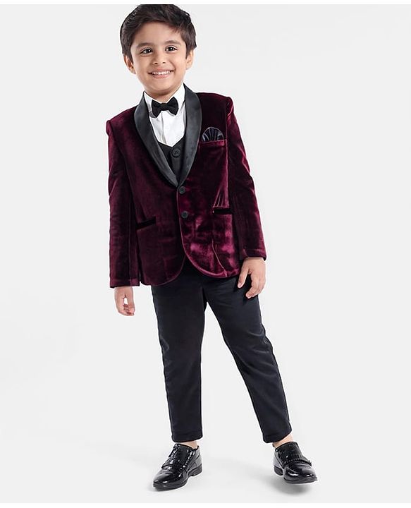 Babyhug Velvet Woven Full Sleeves 4 Piece Solid Colour Party Suit - Wine