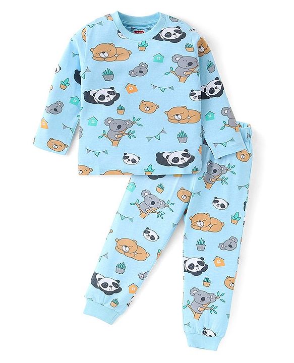 Babyhug Cotton Knit Full Sleeves Night Suit With Animals Print - Sky Blue