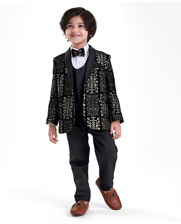 Babyhug Woven Full Sleeves Embroidered 4 Piece Party Suit With Bow - Black