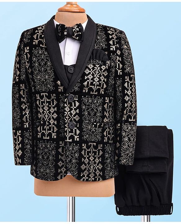 Babyhug Woven Full Sleeves Embroidered 4 Piece Party Suit With Bow - Black