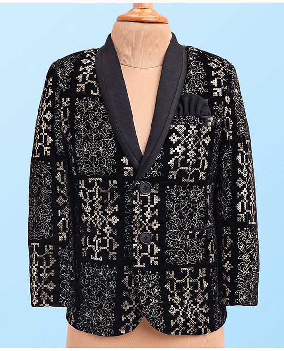Babyhug Woven Full Sleeves Embroidered 4 Piece Party Suit With Bow - Black