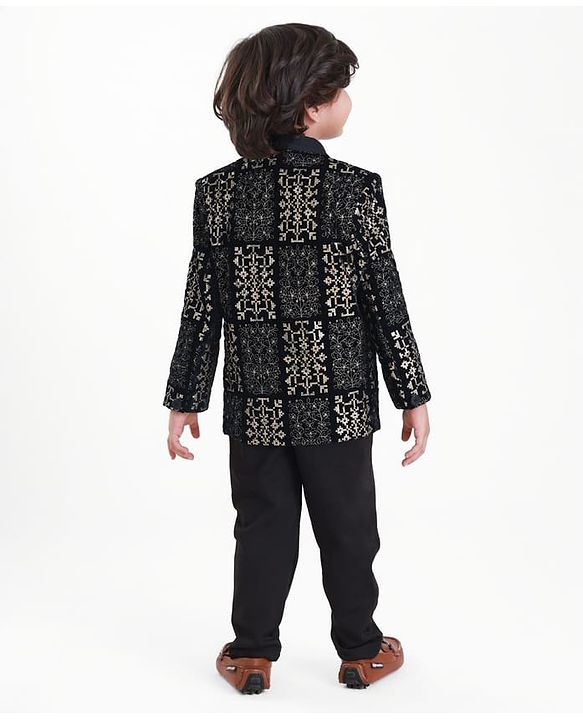 Babyhug Woven Full Sleeves Embroidered 4 Piece Party Suit With Bow - Black