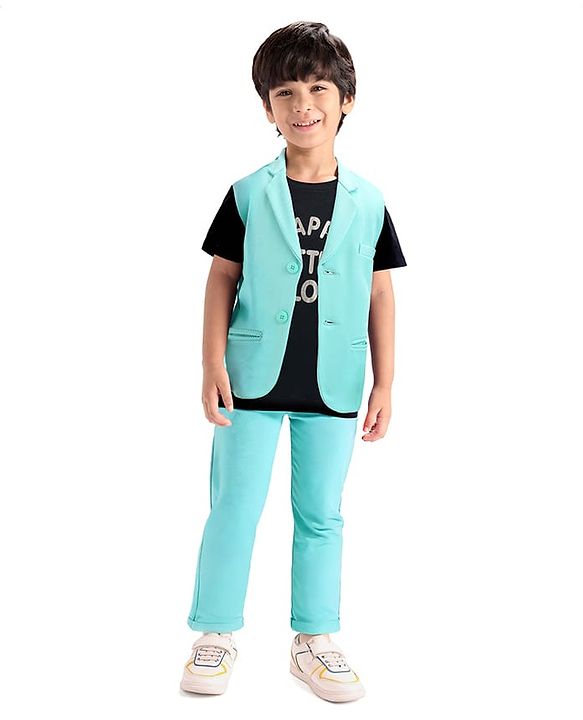 Babyhug Woven Half Sleeves Text Printed T-Shirt & Trouser With Waistcoat - Sea Green