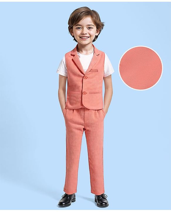 Babyhug Woven Half Sleeves Text Printed T-Shirt & Bottom Set with Waistcoat - Coral