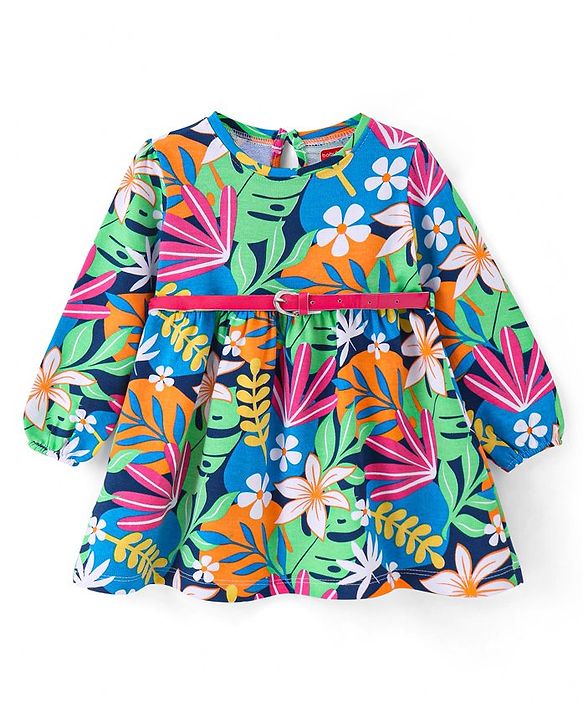 Babyhug Loop Knit Floral Printed Full Sleeves Winter Frock - Navy Blue & Green