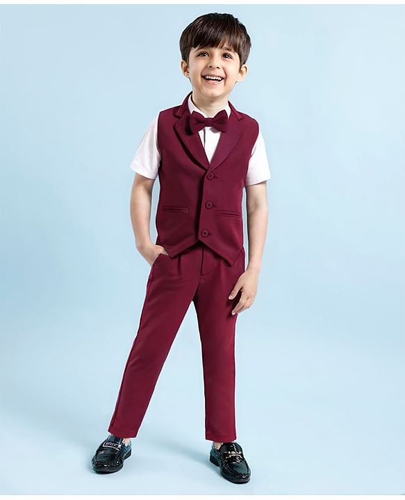 Babyhug Woven Full Sleeves Solid Colour 3 Piece Party Suit with Bow - Maroon & White